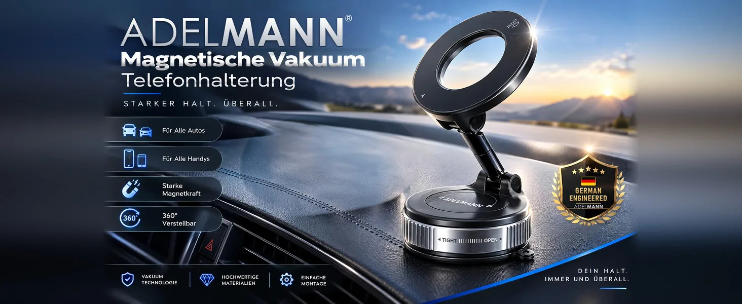 Adelmann magnetische Vakuum-Telefonhalterung auf dem Armaturenbrett: für alle Autos und alle Handys, starke Magnetkraft, 360° verstellbar