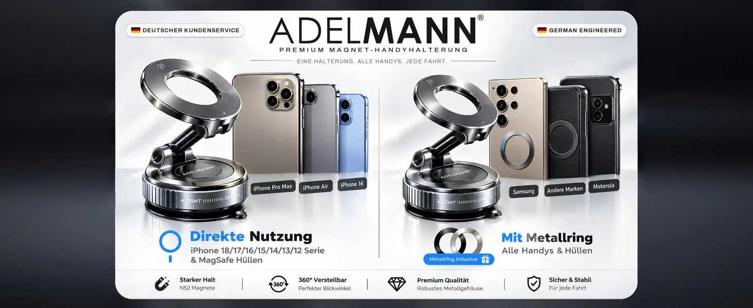 Eine Halterung, alle Handys: iPhone 12 bis 18 direkt, andere Smartphones mit dem beiliegenden Metallring