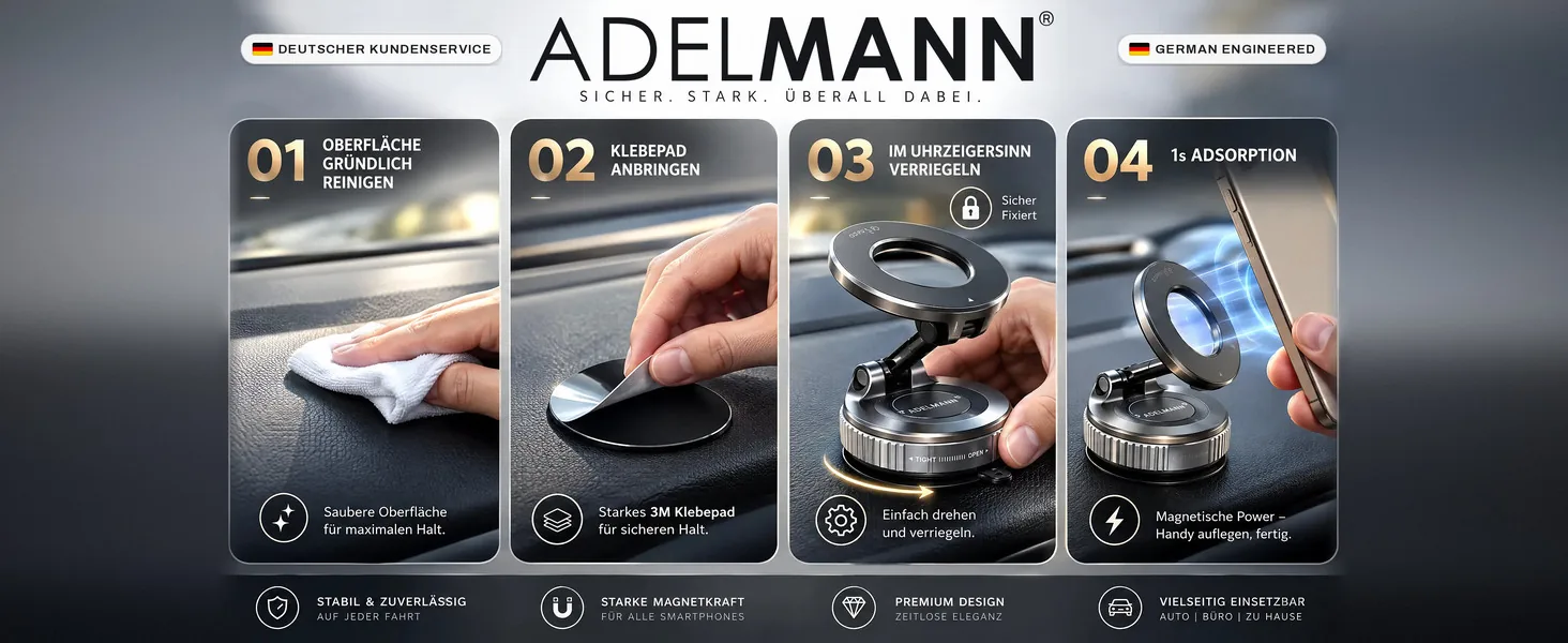 Montage in vier Schritten: Oberfläche reinigen, Klebepad anbringen, im Uhrzeigersinn verriegeln, Handy anlegen