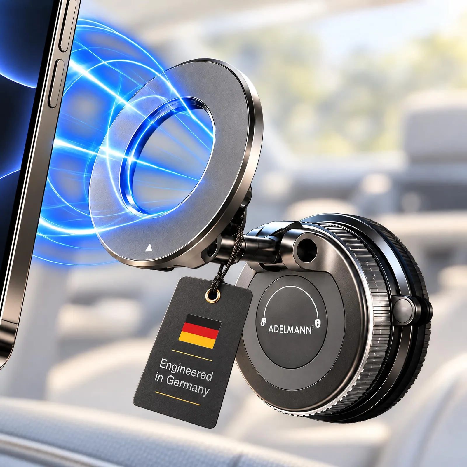 Im Auto dockt ein iPhone magnetisch an die Adelmann Halterung an