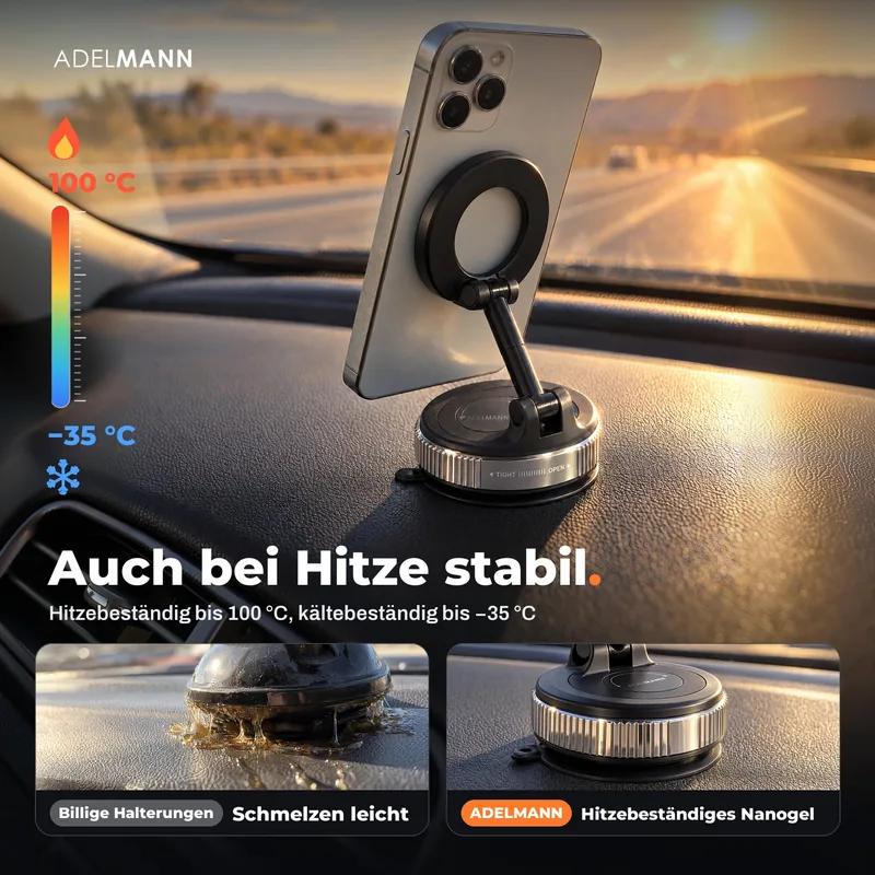 Die Halterung mit Smartphone auf dem Armaturenbrett in der Abendsonne