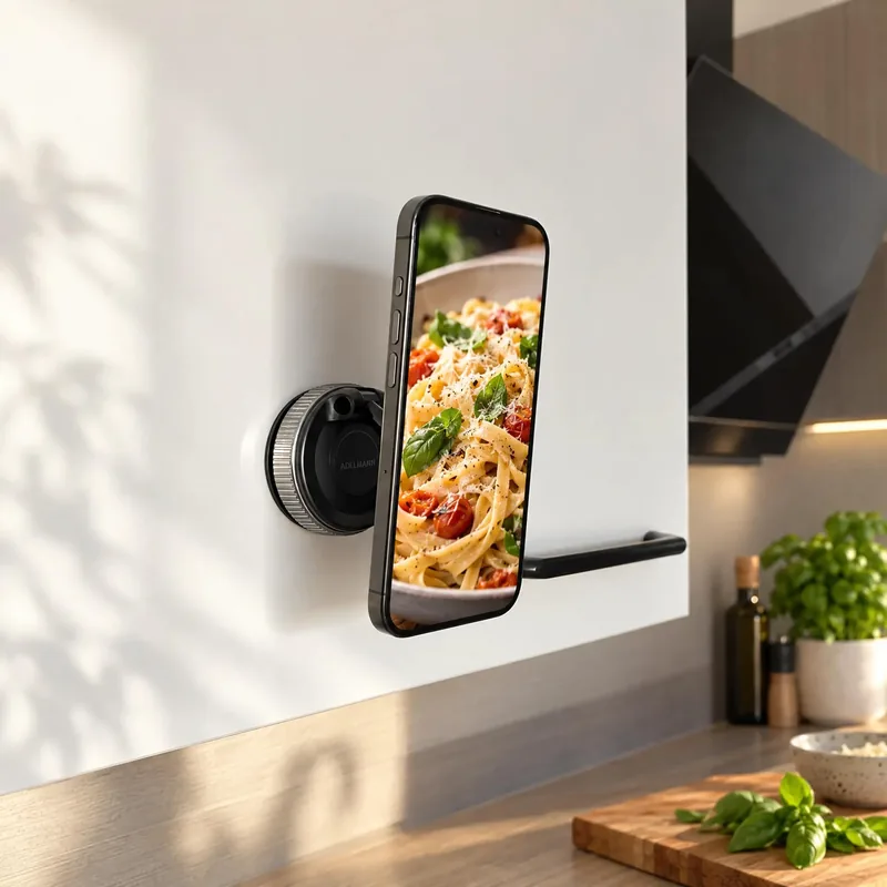 Die Halterung an der Küchenwand hält ein Smartphone mit einem Rezept