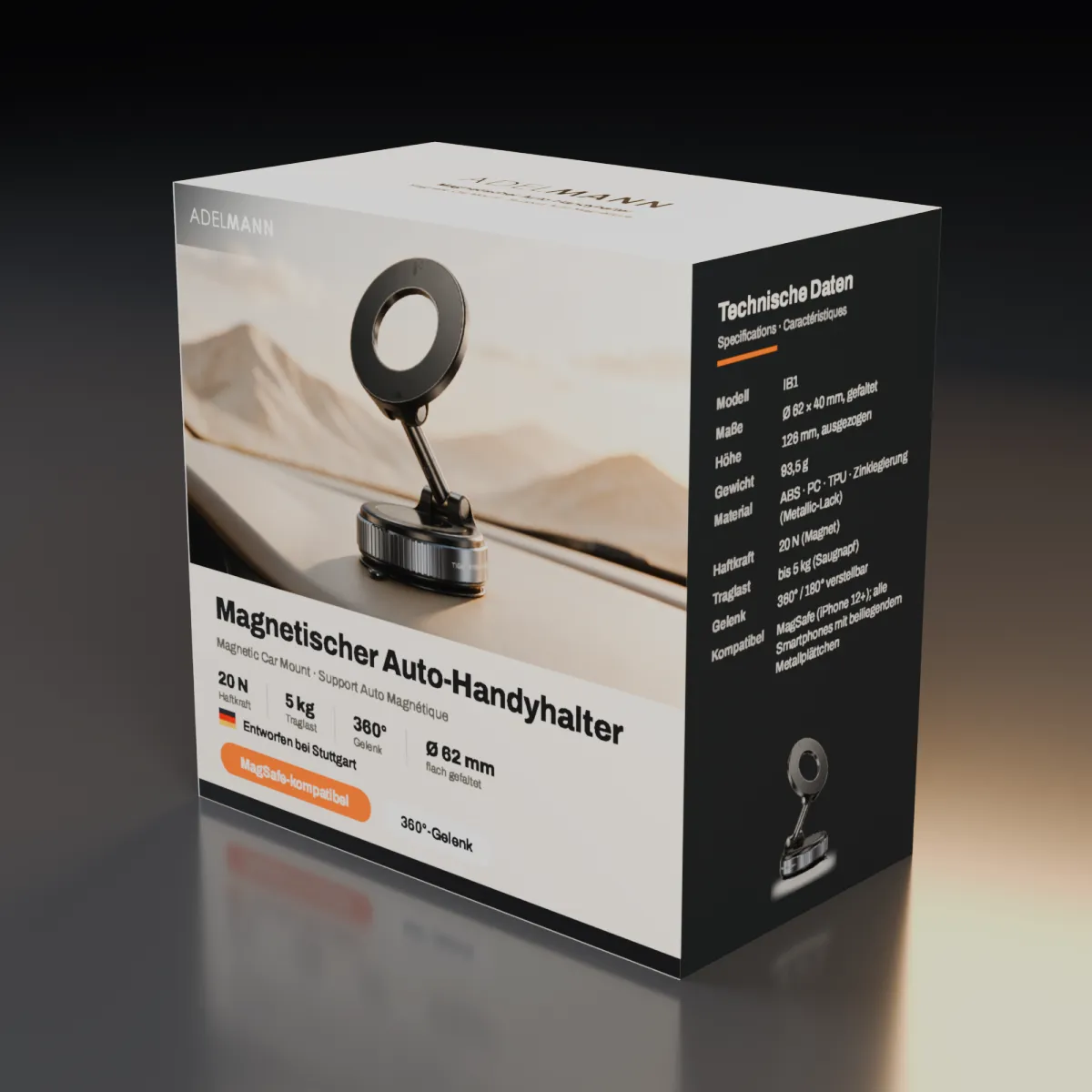Die Adelmann Geschenkverpackung des AD1 mit Produktabbildung und technischen Daten